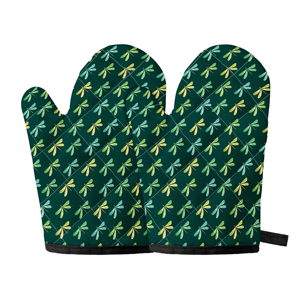 Green Dragonfly Pattern Print Oven Mitts