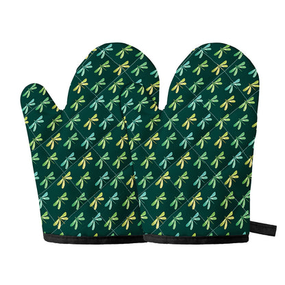 Green Dragonfly Pattern Print Oven Mitts