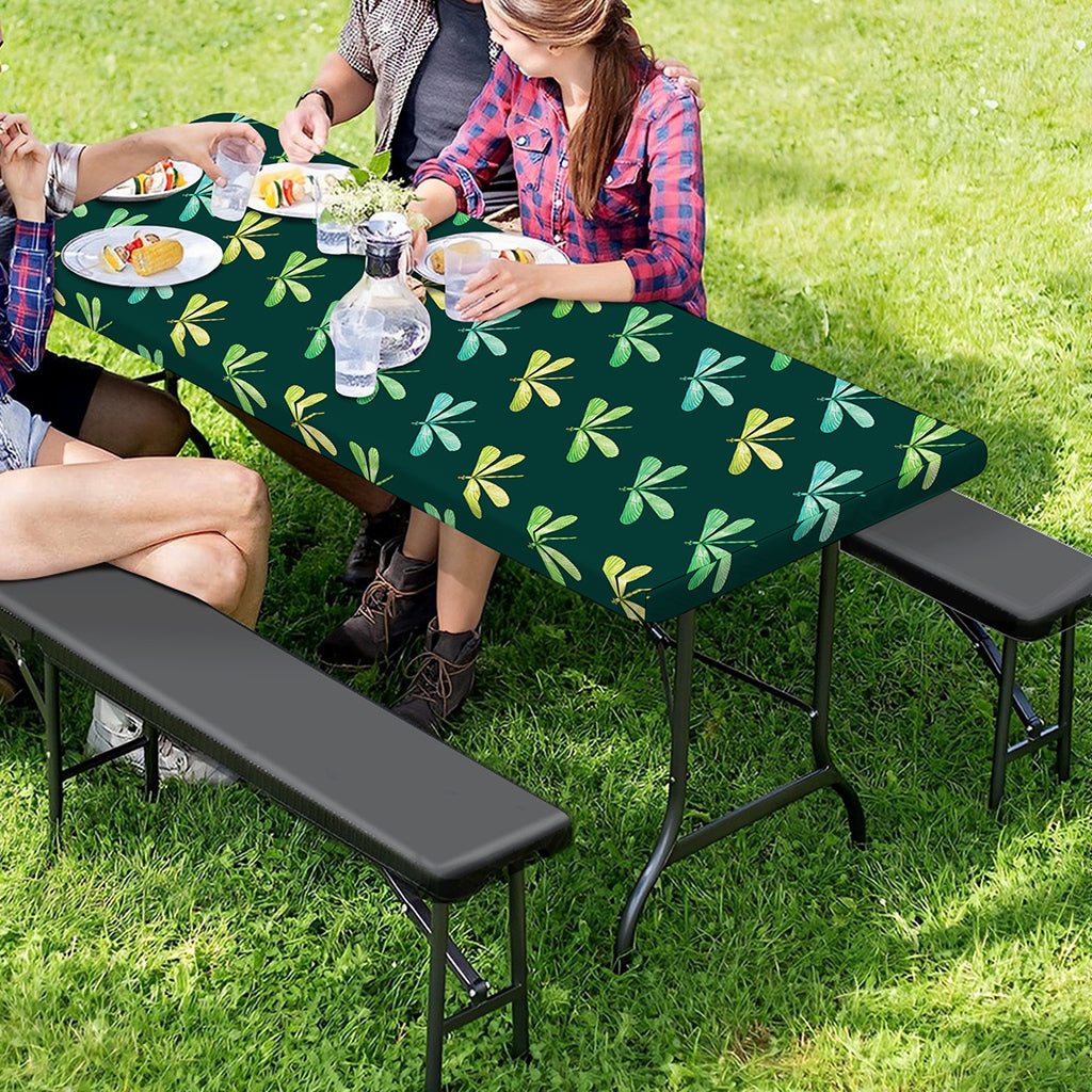Green Dragonfly Pattern Print Picnic Table Cover