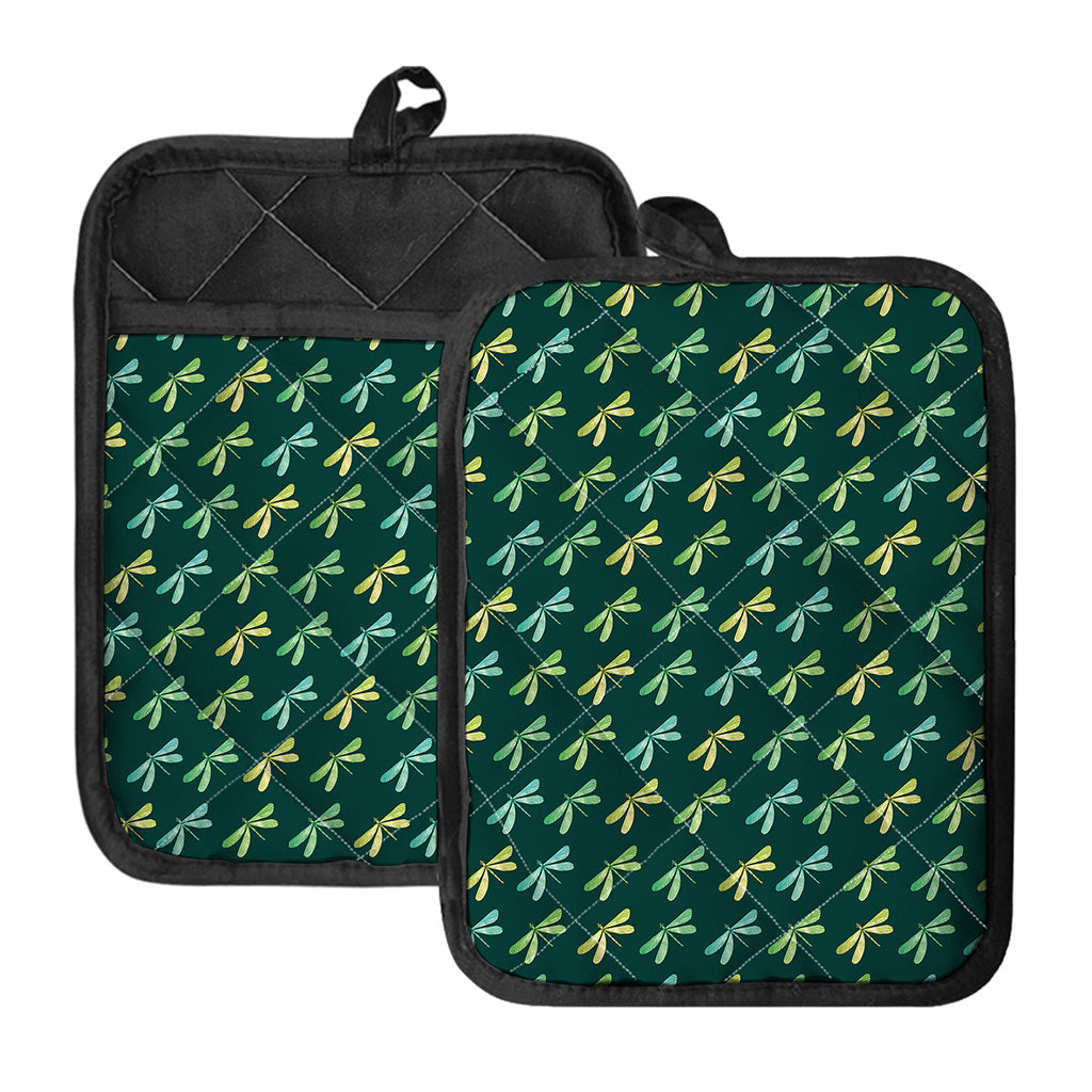 Green Dragonfly Pattern Print Pot Holders With Pocket