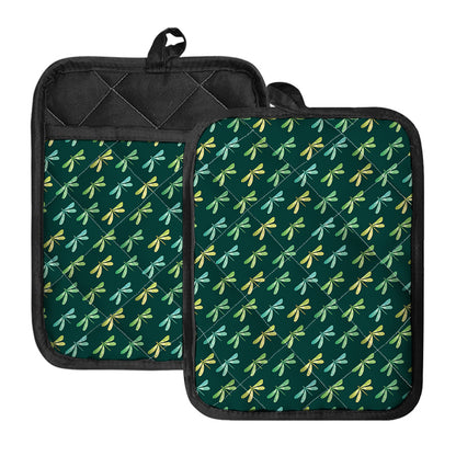 Green Dragonfly Pattern Print Pot Holders With Pocket