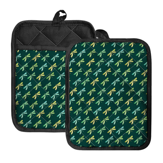 Green Dragonfly Pattern Print Pot Holders With Pocket