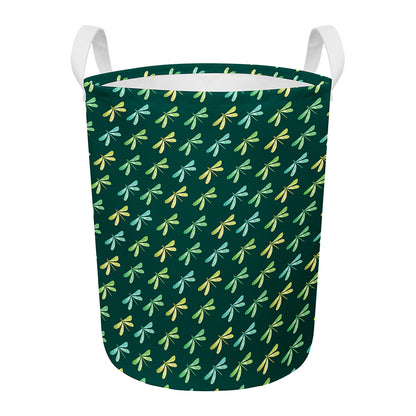 Green Dragonfly Pattern Print Round Laundry Basket