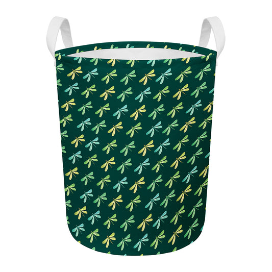 Green Dragonfly Pattern Print Round Laundry Basket