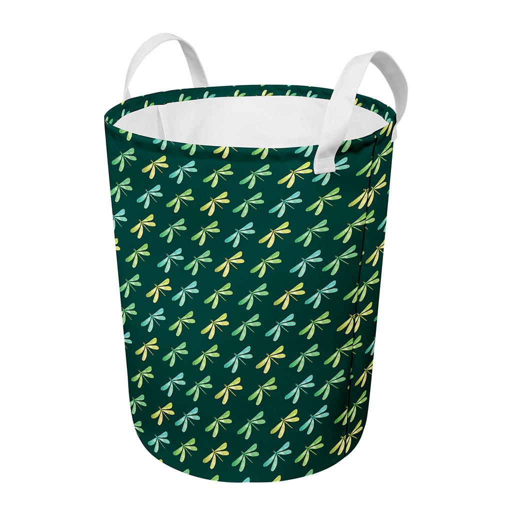 Green Dragonfly Pattern Print Round Laundry Basket