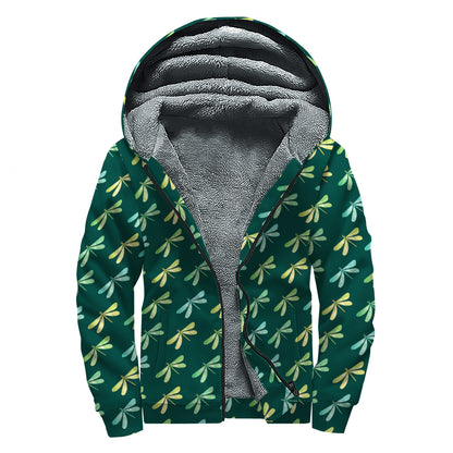 Green Dragonfly Pattern Print Sherpa Lined Zip Up Hoodie