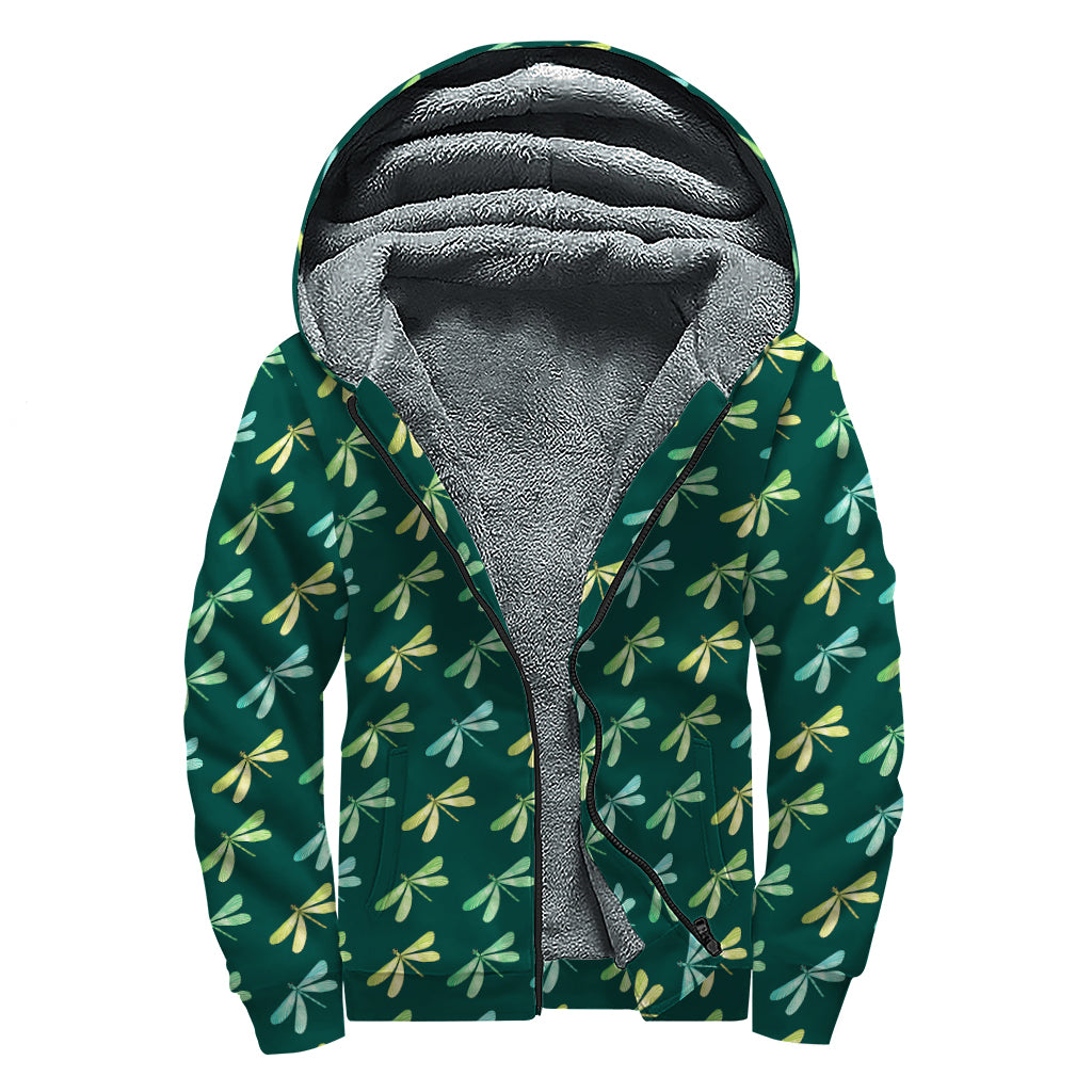 Green Dragonfly Pattern Print Sherpa Lined Zip Up Hoodie