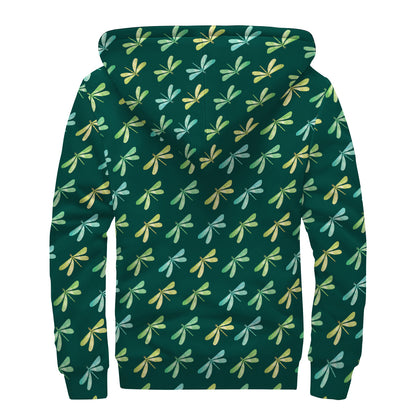 Green Dragonfly Pattern Print Sherpa Lined Zip Up Hoodie