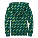 Green Dragonfly Pattern Print Sherpa Lined Zip Up Hoodie