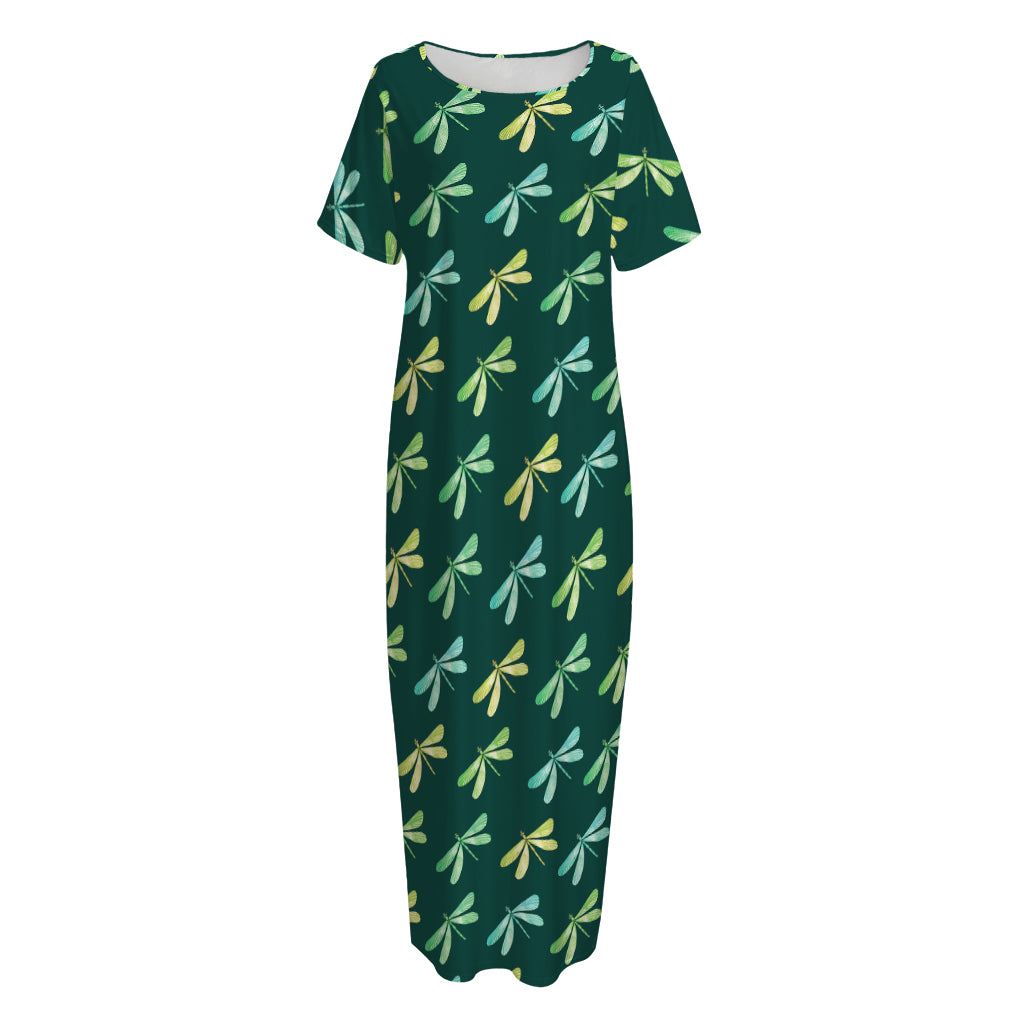 Green Dragonfly Pattern Print Short Sleeve Long Nightdress
