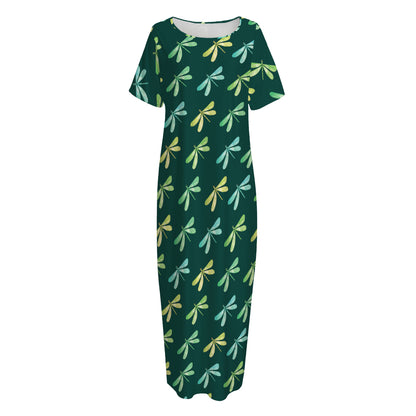 Green Dragonfly Pattern Print Short Sleeve Long Nightdress