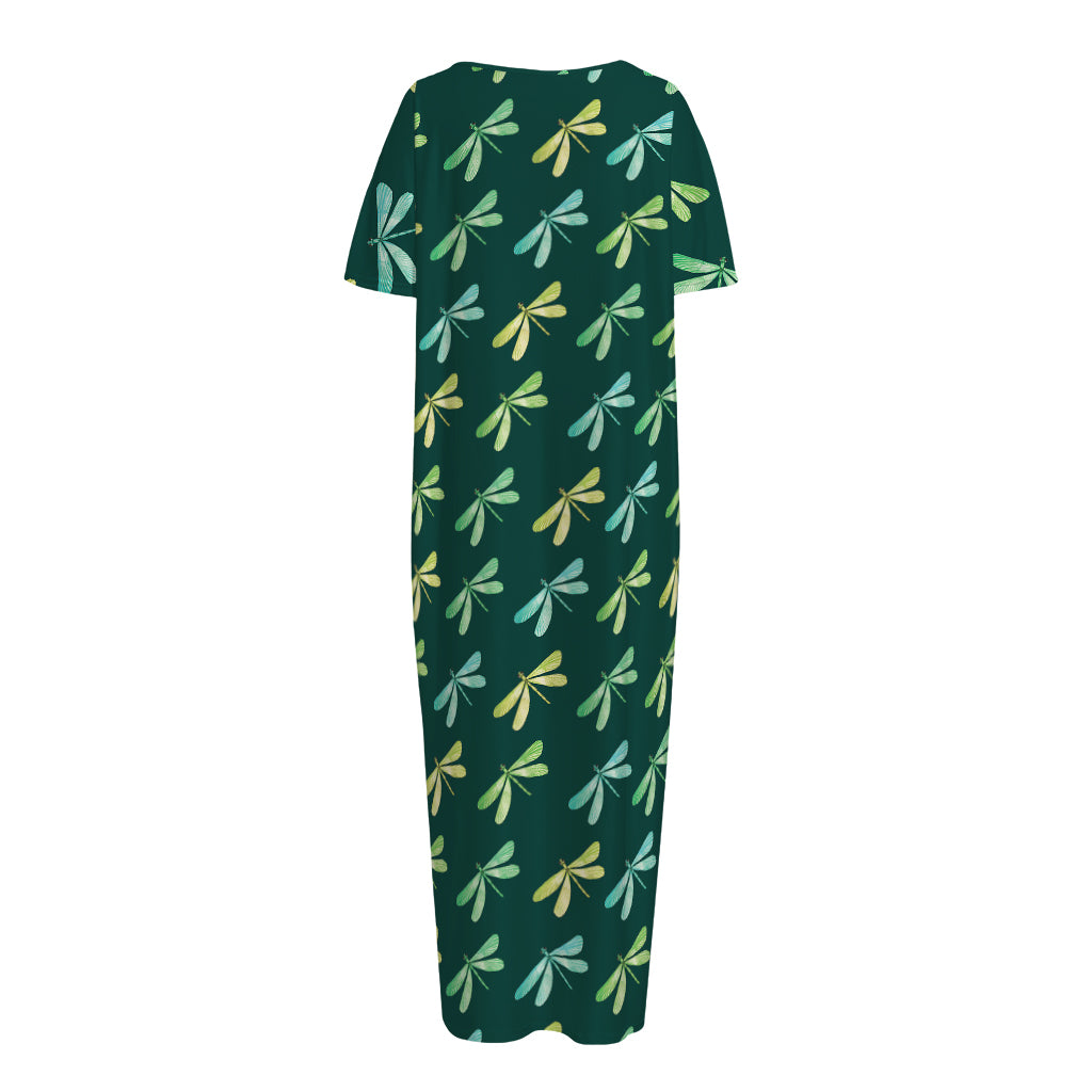 Green Dragonfly Pattern Print Short Sleeve Long Nightdress
