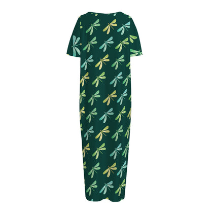 Green Dragonfly Pattern Print Short Sleeve Long Nightdress