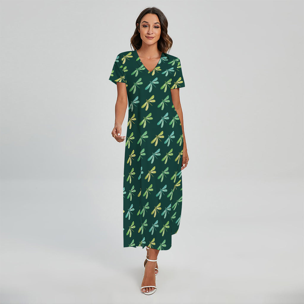 Green Dragonfly Pattern Print Short Sleeve Maxi Dress