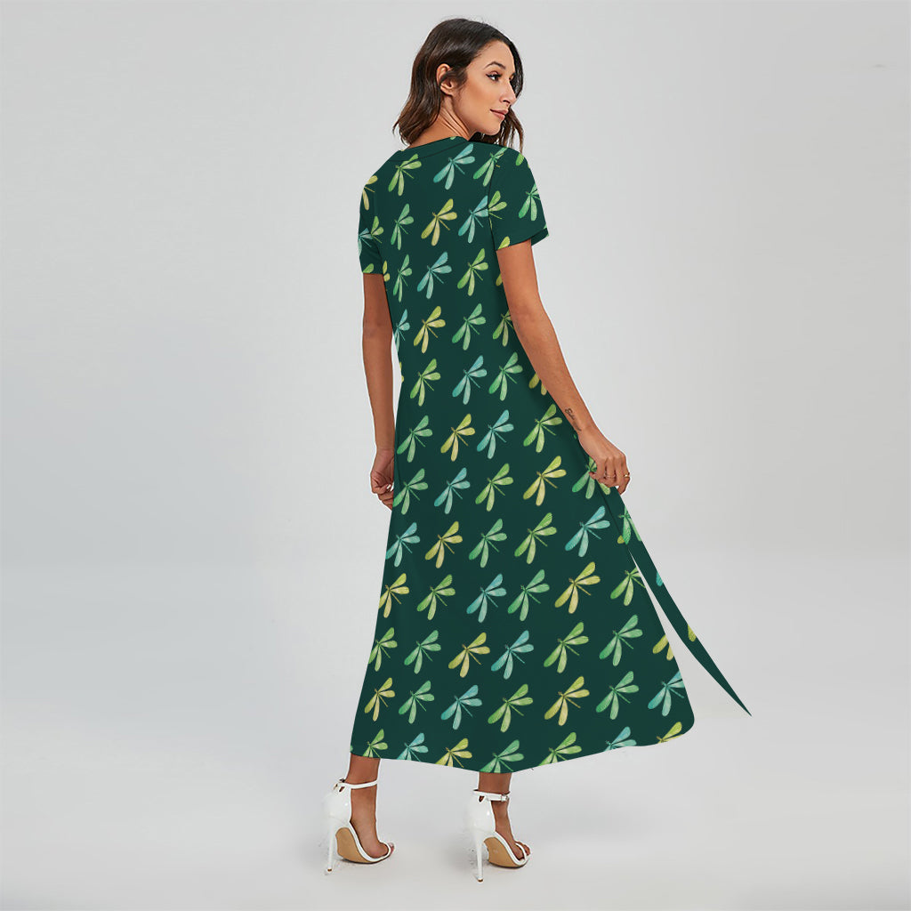 Green Dragonfly Pattern Print Short Sleeve Maxi Dress