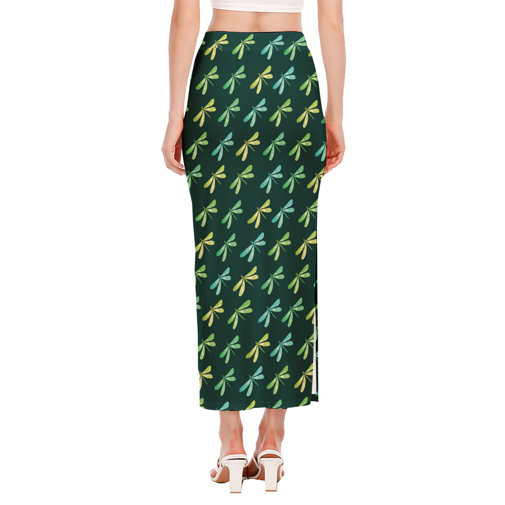Green Dragonfly Pattern Print Side Slit Maxi Skirt