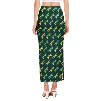 Green Dragonfly Pattern Print Side Slit Maxi Skirt