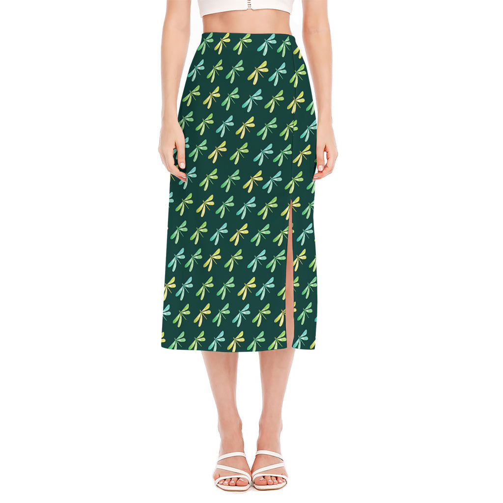 Green Dragonfly Pattern Print Side Slit Midi Skirt