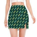 Green Dragonfly Pattern Print Side Slit Mini Skirt