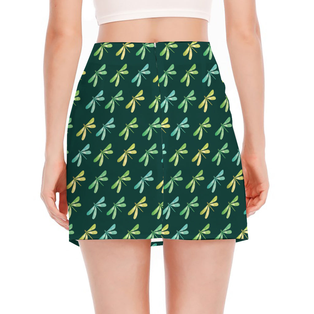 Green Dragonfly Pattern Print Side Slit Mini Skirt
