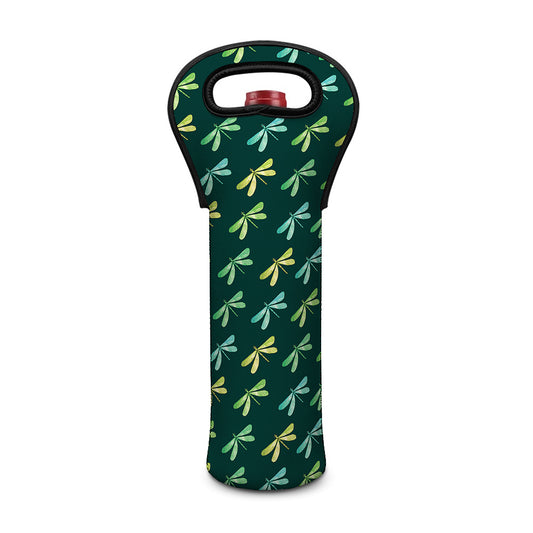 Green Dragonfly Pattern Print Single Neoprene Wine Tote