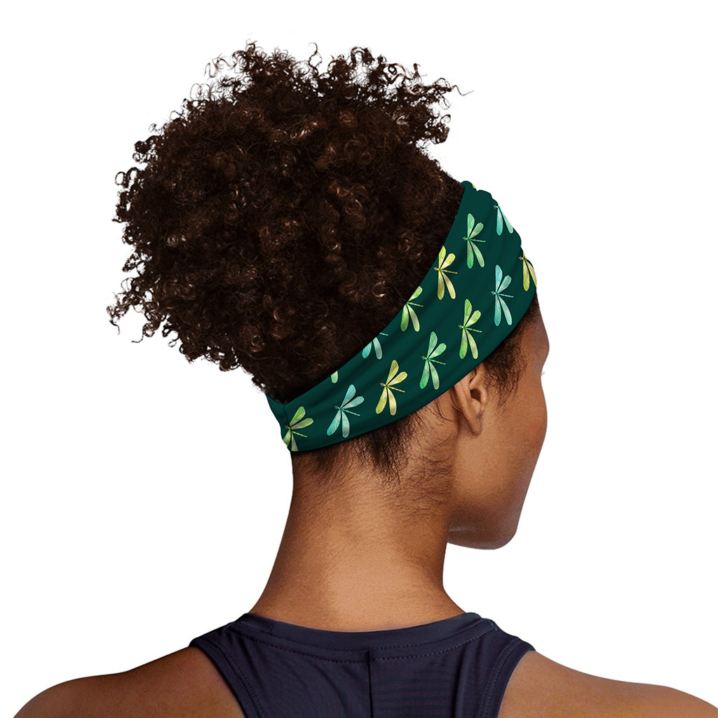 Green Dragonfly Pattern Print Sports Headband
