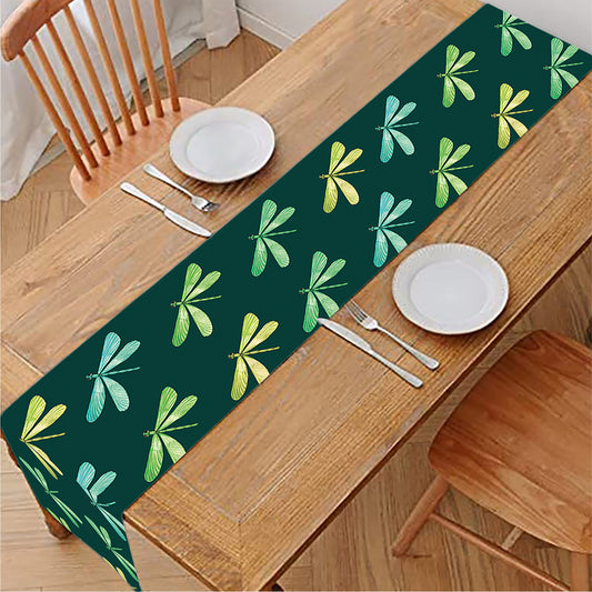 Green Dragonfly Pattern Print Table Runner