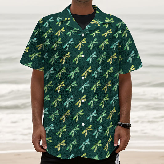 Green Dragonfly Pattern Print Textured Short Sleeve Shirt