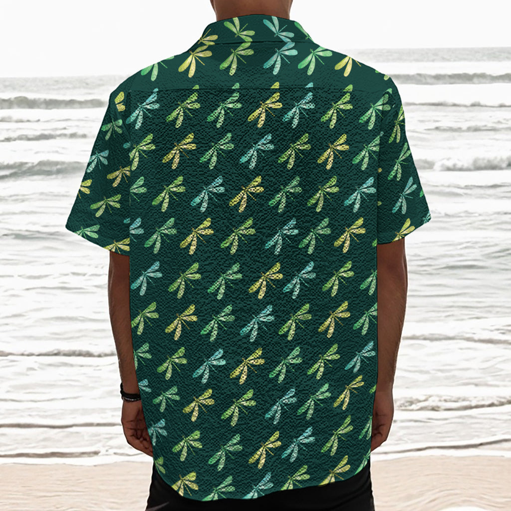 Green Dragonfly Pattern Print Textured Short Sleeve Shirt
