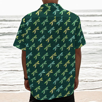 Green Dragonfly Pattern Print Textured Short Sleeve Shirt