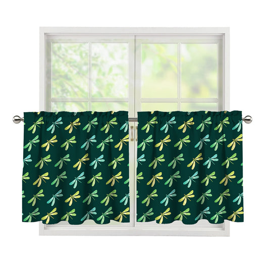 Green Dragonfly Pattern Print Tier Curtains