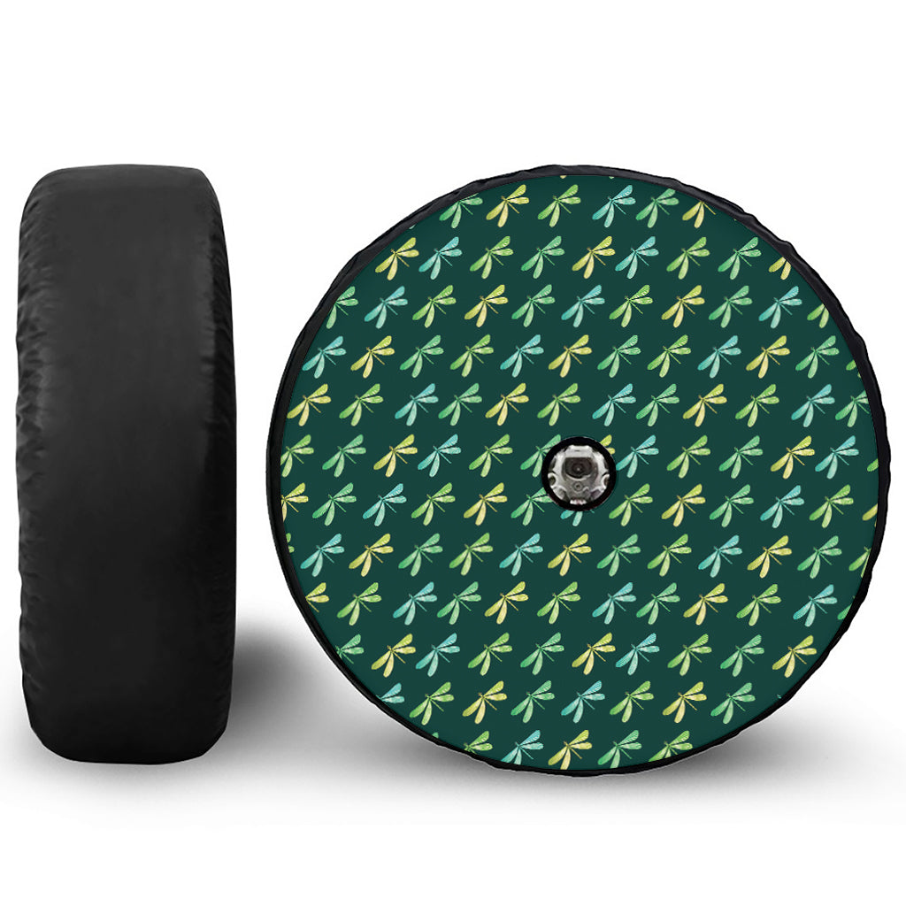 Green Dragonfly Pattern Print Tire Cover With Camera Hole