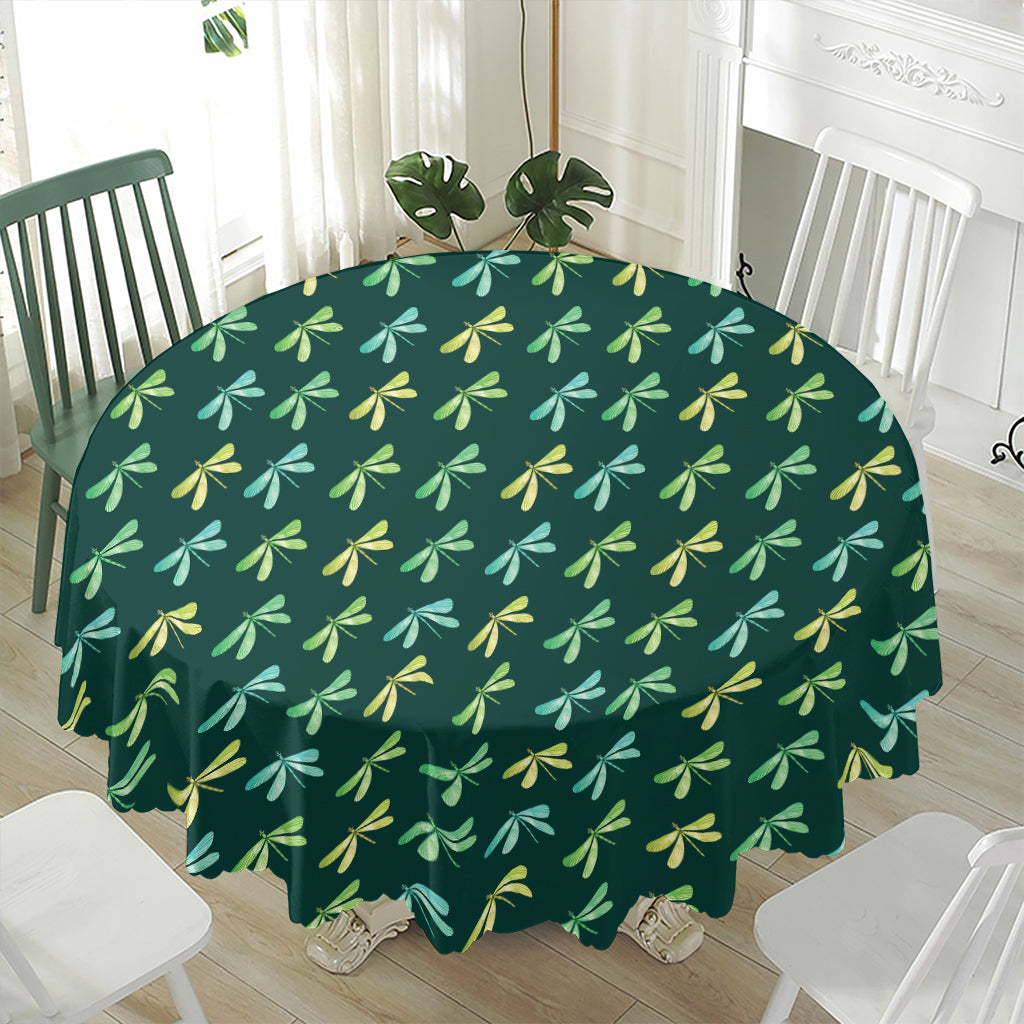 Green Dragonfly Pattern Print Waterproof Round Tablecloth