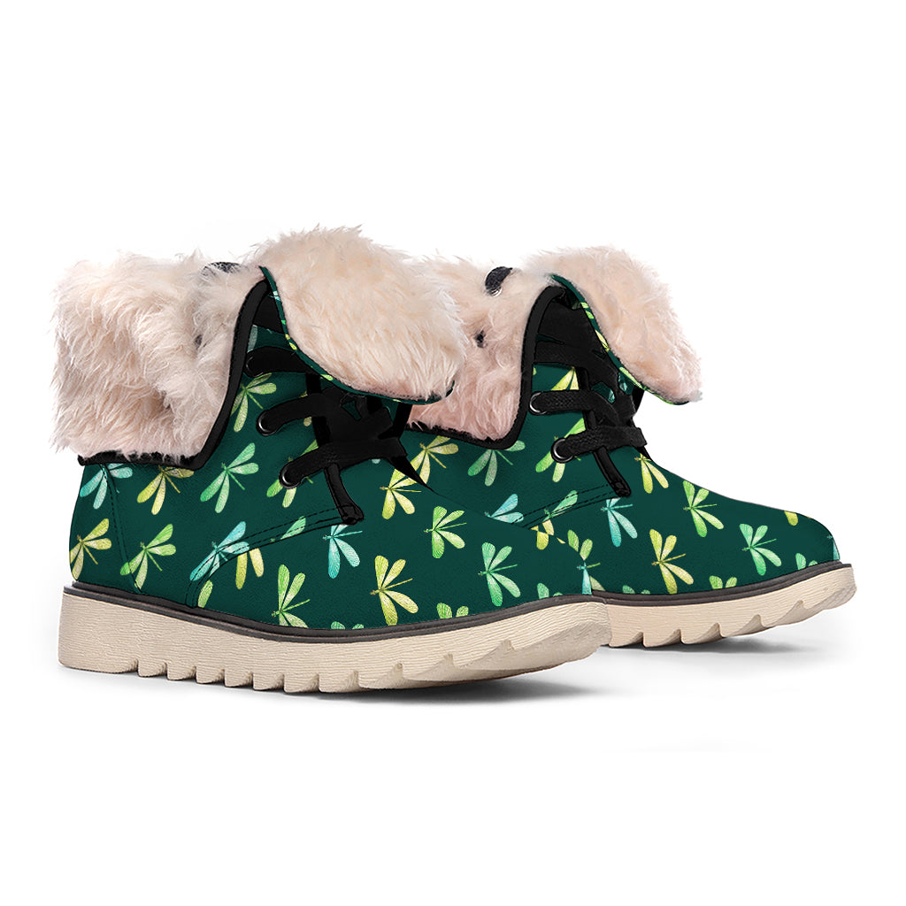 Green Dragonfly Pattern Print Winter Boots
