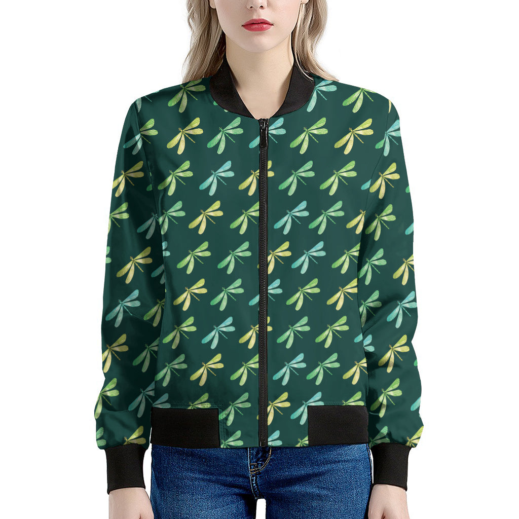 Green Dragonfly Pattern Print Women's Bomber Jacket