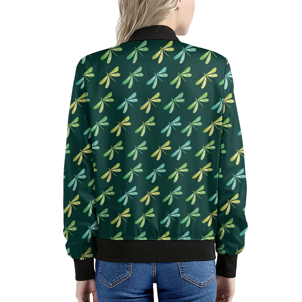 Green Dragonfly Pattern Print Women's Bomber Jacket