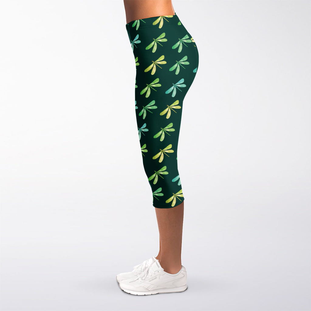 Green Dragonfly Pattern Print Women's Capri Leggings