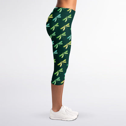 Green Dragonfly Pattern Print Women's Capri Leggings