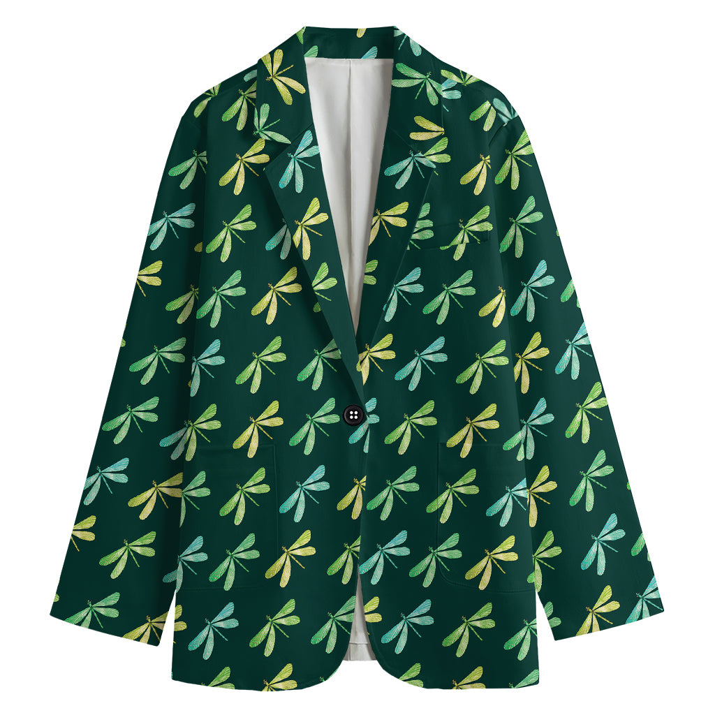 Green Dragonfly Pattern Print Women's Cotton Blazer