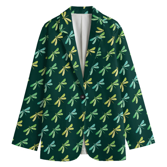 Green Dragonfly Pattern Print Women's Cotton Blazer