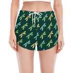Green Dragonfly Pattern Print Women's Split Running Shorts