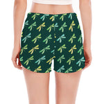 Green Dragonfly Pattern Print Women's Split Running Shorts