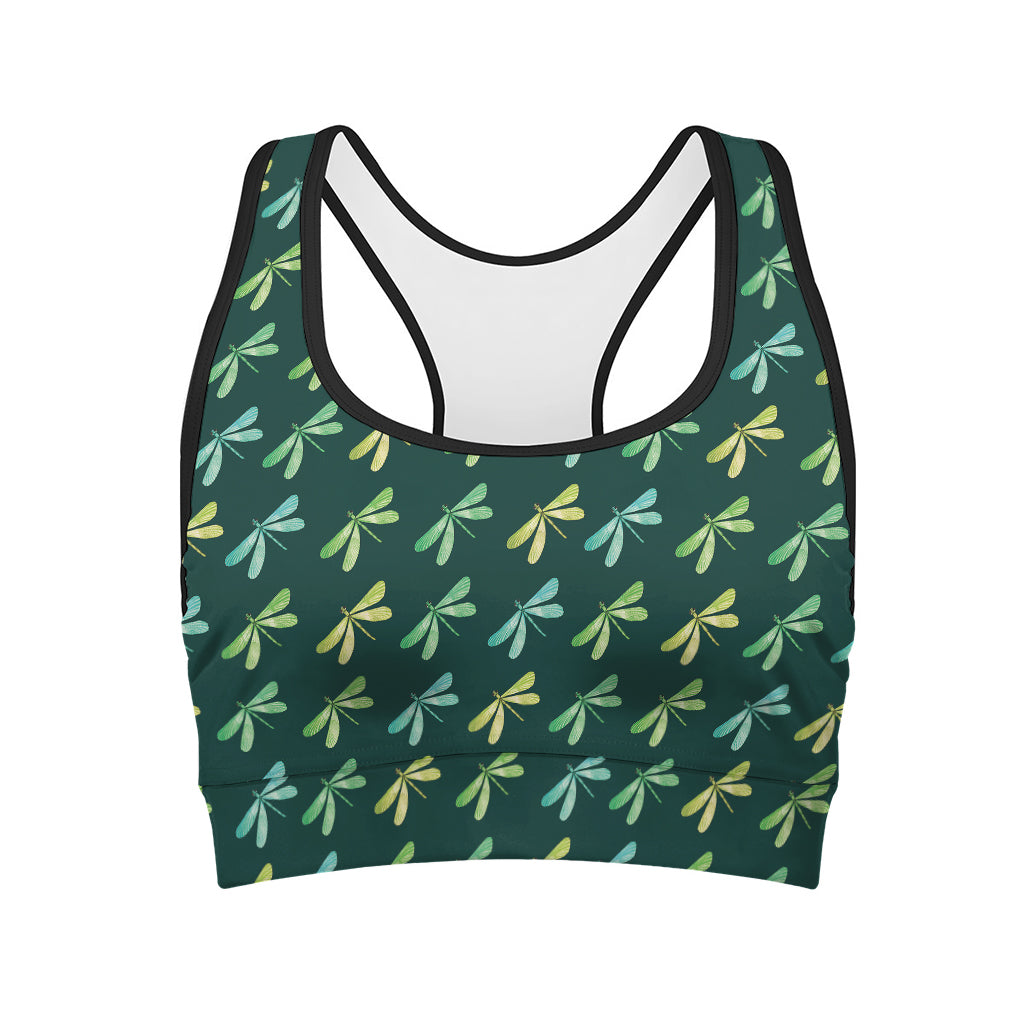 Green Dragonfly Pattern Print Women's Sports Bra