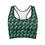 Green Dragonfly Pattern Print Women's Sports Bra