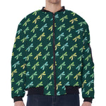 Green Dragonfly Pattern Print Zip Sleeve Bomber Jacket