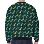 Green Dragonfly Pattern Print Zip Sleeve Bomber Jacket