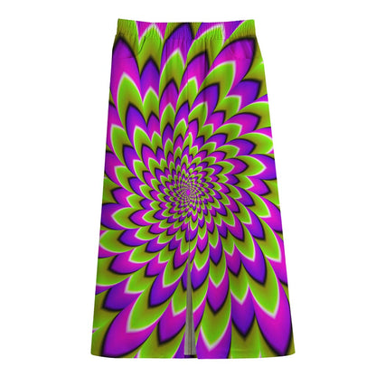 Green Expansion Moving Optical Illusion Cotton Front Slit Maxi Skirt