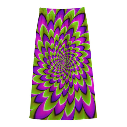 Green Expansion Moving Optical Illusion Cotton Front Slit Maxi Skirt