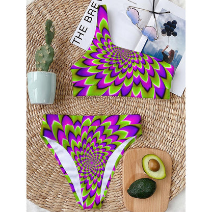 Green Expansion Moving Optical Illusion One Shoulder Bikini Top