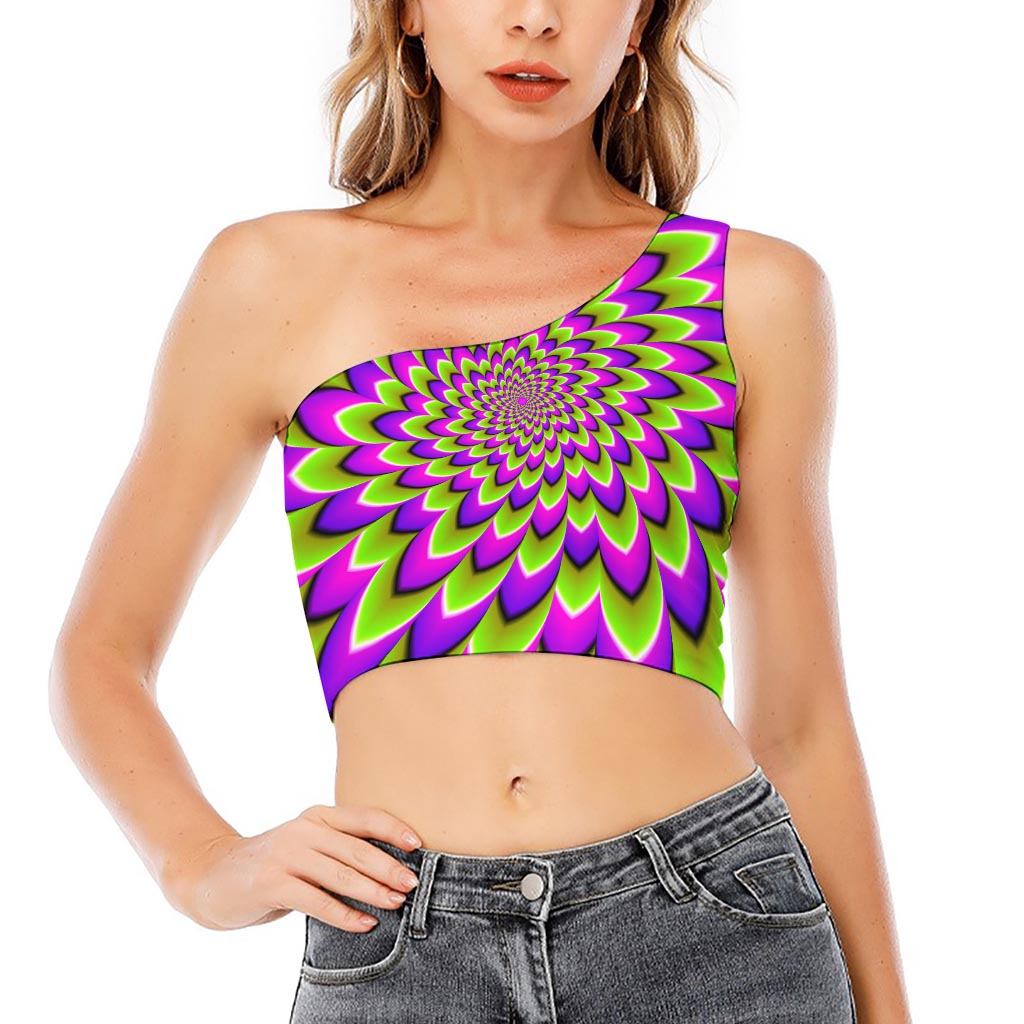 Green Expansion Moving Optical Illusion One Shoulder Crop Top